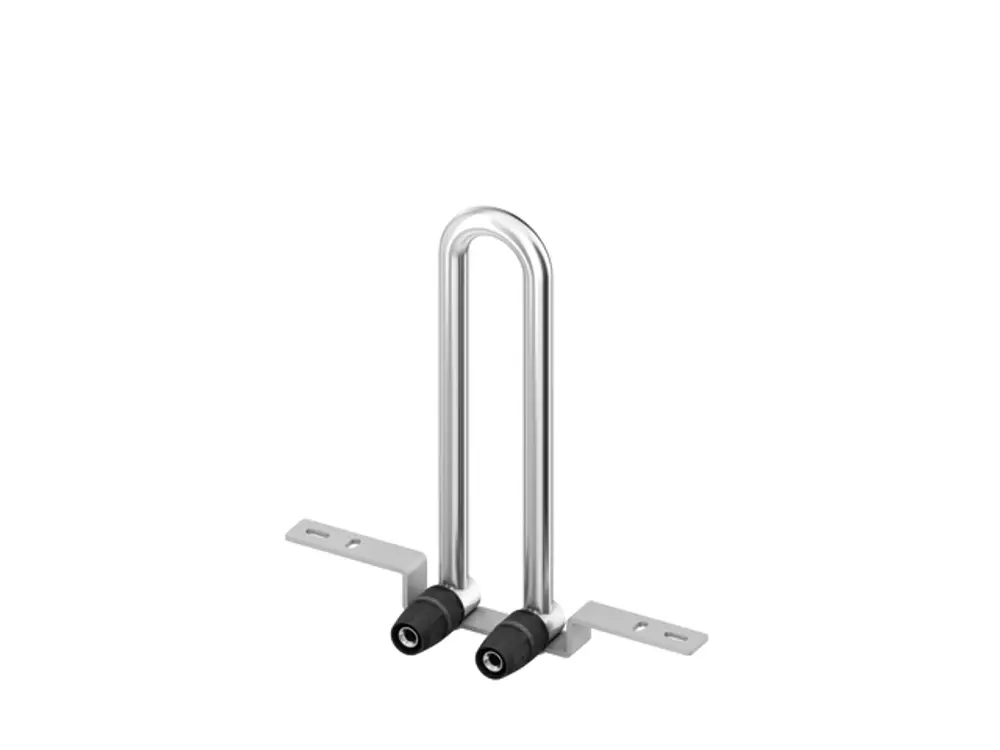 Wandmontagehalterung für Heizkörper aus Edelstahl mit zwei Anschlüssen und Montageplatten, geeignet für TECE Heizkörperinstallationen.